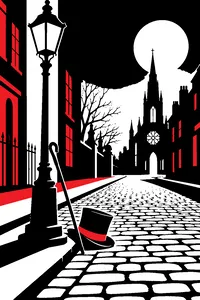 A Victorian cobblestone street with a top hat and cane lying by a lamp post and a church in the distance.