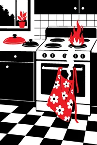 A 1990s kitchen stove with flames on one burner, two pot lids on the counter and a smoking floral apron hanging on the oven handle.
