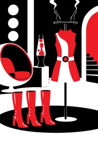 A row of three pink go-go boots and a dress form in a 1960s mod lair, two smoking gun barrels sticking out of its top, lava lamp behind.