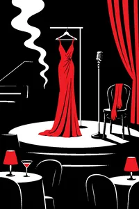 A sequined red evening gown on a dress form on a smoky 1940s nightclub stage, a single microphone and long red gloves draped over a chair.