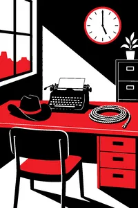 An office desk with a typewriter, a cowboy hat, a coil of rope and a 1980s wall clock reading five o'clock.