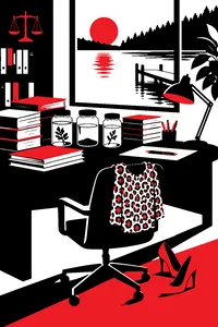 A legal desk buried in case files and water samples in jars, a pair of high heels and a leopard print top on the chair.