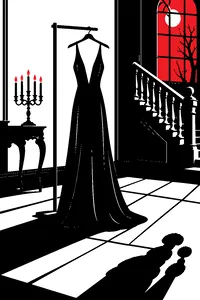 A long black gown with a plunging neckline on a dress form in a creaky Victorian house, a candelabra and a poodle-shaped shadow.