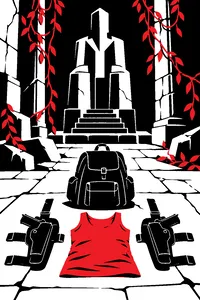 Twin pistols in leg holsters, a backpack and a tank top laid out on an ancient tomb floor, vines and a stone idol behind.