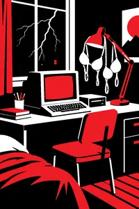 A 1980s home computer on a teenager's desk with lightning outside the window and two white bras hanging on a lamp like hats.
