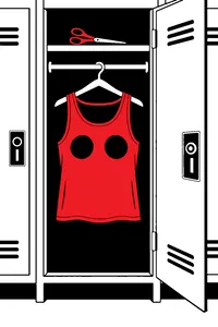 A pink tank top with two round holes cut in the chest hanging in a high school locker, scissors on the shelf.