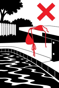 A red bikini top draped on the edge of a backyard swimming pool diving board, a red stamp reading DISQUALIFIED in the corner.