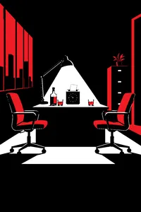 Two office chairs facing each other in a dark empty office lit by a desk lamp, a whiskey bottle and a time card punch clock between them.