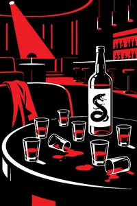 A neon-lit nightclub table covered in empty shot glasses of murky green liquid and a single bottle labeled only with a snake drawing.