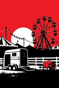 A small Ferris wheel lit up at dusk over a county fairground, a tiny horse trailer parked by a dead generator.
