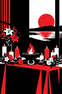 A memorial table covered in candles and flowers around a tiny horseshoe, a small eternal flame burning in a bowl.