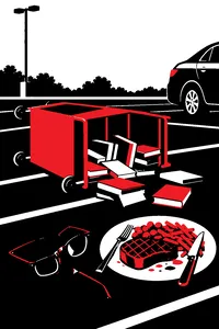 A library return cart overturned in a parking lot beside a steak dinner plate and a broken pair of reading glasses.