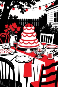 A backyard dinner table with mismatched china, a three-tier homemade cake and a pair of plastic wedding rings in a candy dish.