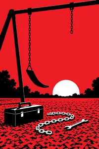 A playground swing hanging from one chain, a toolbox and a fresh new chain laid out on the wood chips at golden hour.