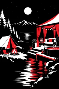 A campsite at night with a lone canvas tent and a campfire on one side and a lavish lit pavilion with cupcakes and a hot tub on the other.