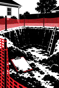An open construction pit fenced with orange plastic mesh in a suburban backyard, a clipboard lying in the mud.