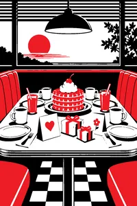 A diner booth table set for a group brunch: a tower of waffles with whipped cream, handmade cards and small wrapped gifts.