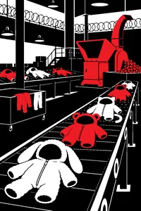 A dim factory floor of conveyor belts carrying stuffed yellow dolls, a woodchipper in the corner and barbed wire coiled along the walls.