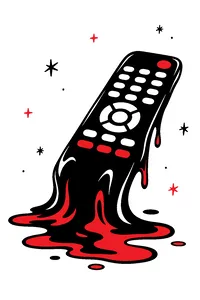 A melting, smeared television remote lying on a stark white void, tiny scribbled stars drifting around it.