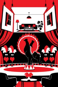A living room with its walls lifted away on cables, a stage of high-kick show feathers, a circus elephant on its front legs and a flaming hoop.