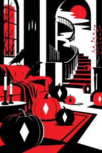 A haunted living room crowded with jack-o-lanterns, ravens perched on a couch, a stone faun statue and a winding staircase into fog.