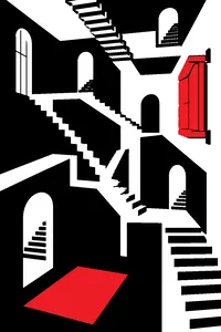 An impossible room of interlocking staircases running sideways and upside down, with one brown couch bolted to a wall.