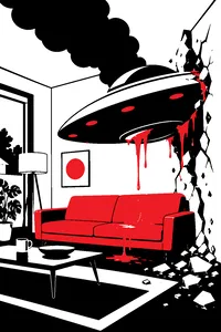 A smoking flying saucer wedged into a suburban living room wall, green goo dripping onto a brown couch.