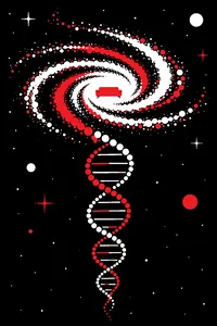 A spiral galaxy that dissolves into a DNA helix, set against black space, with a tiny couch at its center.