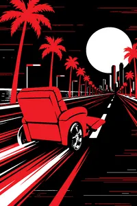 A brown recliner with chrome rims racing down a neon pastel boulevard at night, palm trees and VHS scan lines.