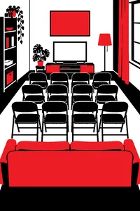 A living room packed with four rows of folding chairs facing a small television, a brown couch wedged behind them.
