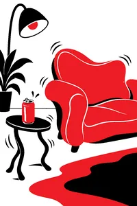 An open can of beer on a wobbly side table, drawn in stretchy rubbery shapes, the couch bending as if alive.