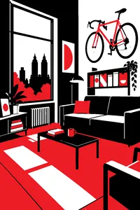 A small Upper West Side living room with a bicycle hanging on the wall, a shelf of cereal boxes and a gray couch.