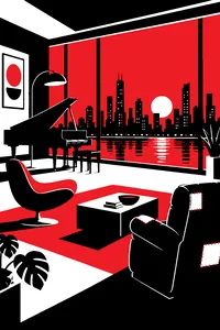 A sleek modern living room with a grand piano, a designer chair and a patched old recliner facing a picture window of a city skyline at dusk.