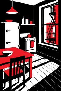 A bare kitchen with a wooden table, an old icebox, a small stove and a window onto a brick fire escape.