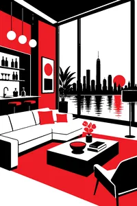 A deluxe Manhattan high-rise living room with a wet bar, a white sofa and floor-to-ceiling windows over the river.