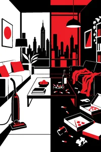 A Manhattan living room split down the middle: neat cushions and a vacuum on one side, pizza boxes and cigar butts on the other.