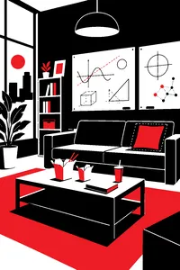 A living room with whiteboards of equations, a sofa with one cushion marked by a tape outline and takeout boxes on the coffee table.