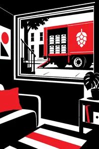A basement apartment window at sidewalk level showing passing feet and a curbside brewery truck.