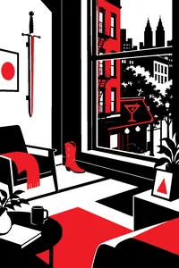 An Upper West Side apartment window overlooking a bar sign below, a sword hanging on the wall and a red cowboy boot on the floor.