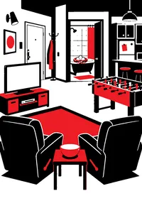 A small apartment with two leather recliners facing a TV, a foosball table and a duck nest in the bathtub.