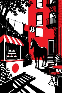 A narrow Brooklyn backyard behind a brick building with a horse standing in it, a cupcake stand and a laundry line.