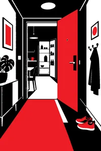 An apartment door flung open mid-swing in a narrow hallway, an open refrigerator glowing inside.