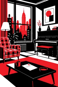 A 1950s New York living room with a piano, a plaid armchair and a rent receipt on the coffee table.