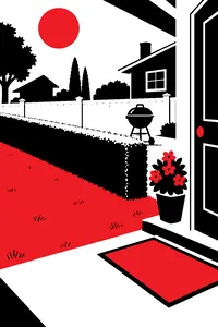 A tidy suburban lawn with a perfect hedge, a borrowed barbecue grill on the neighbor's side of the fence and a welcome mat.