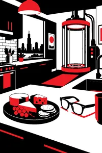 A suburban Chicago kitchen with a cheese plate, a pair of thick glasses on the counter and a homemade transformation chamber.