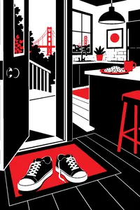 A pair of dirty sneakers on a San Francisco townhouse doormat, a back door left ajar and a plate of cookies on the counter.
