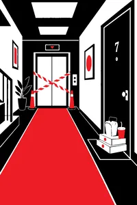 An apartment hallway with a broken elevator taped off, a door marked by a brass number and a stack of takeout boxes.