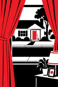 Parted living room curtains looking across a suburban street at a house with a broom leaning by the front door.