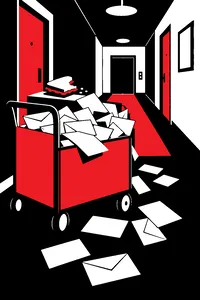 A mail cart overflowing with undelivered letters in a dim apartment hallway, a half-eaten sandwich on top.