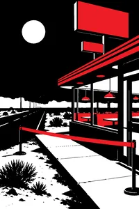 A neon-lit desert highway at night with police tape fluttering around an empty diner booth.